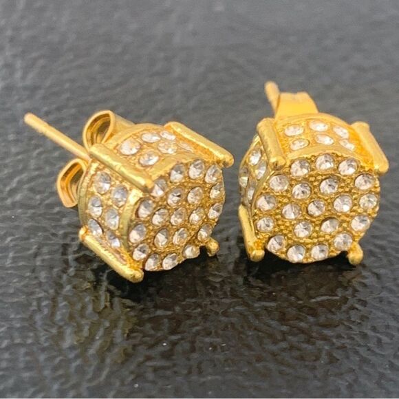 Men’s Gold Plated Cube CZ Studs – Iced Out Hip Hop Earrings - Picture 3 of 9